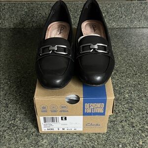Clarks Black Leather Loafers with Silver Bit Detail